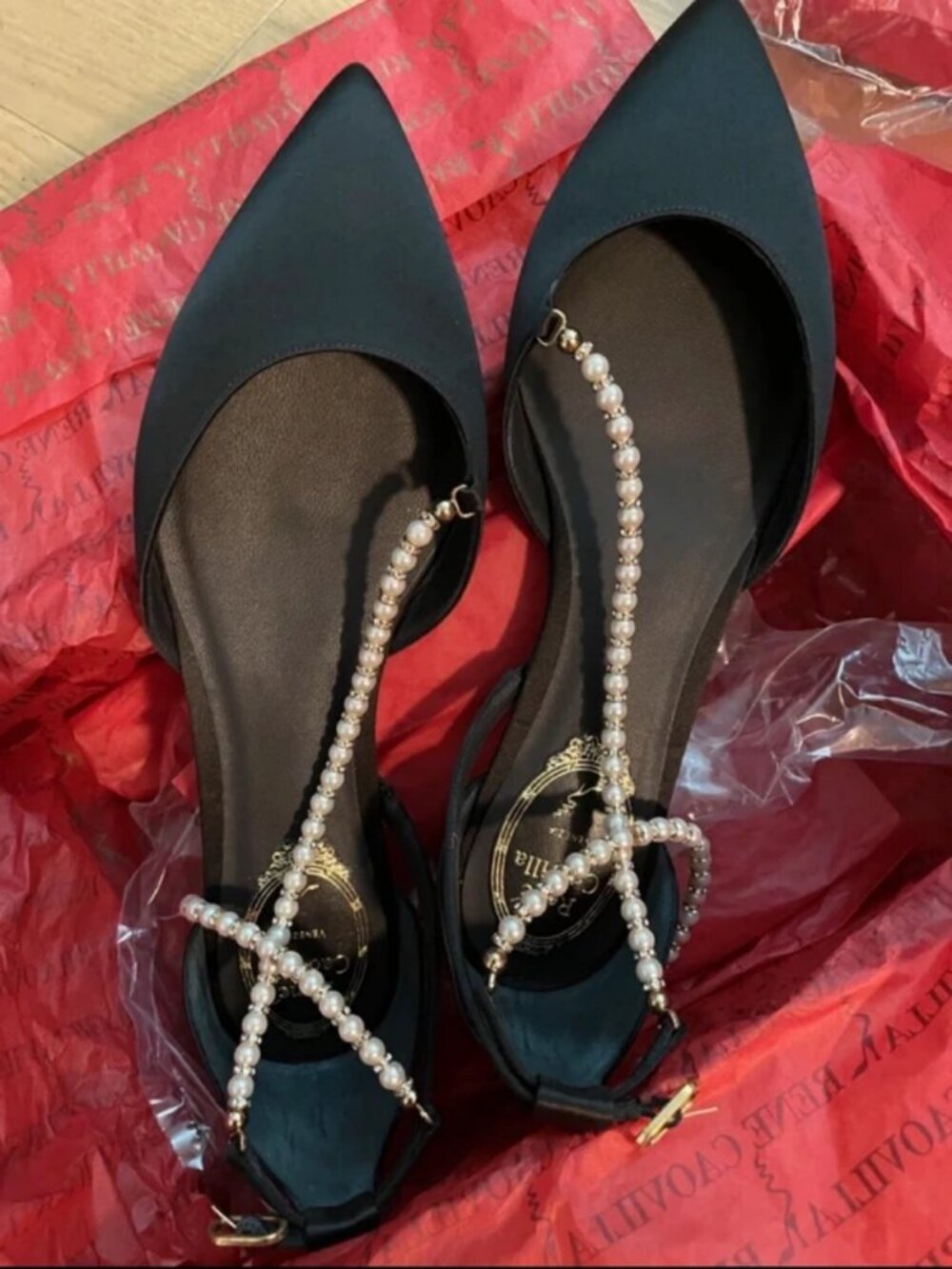 Rene Caovilla Elizana Satin D'orsay flat Black pearl Size IT 37
